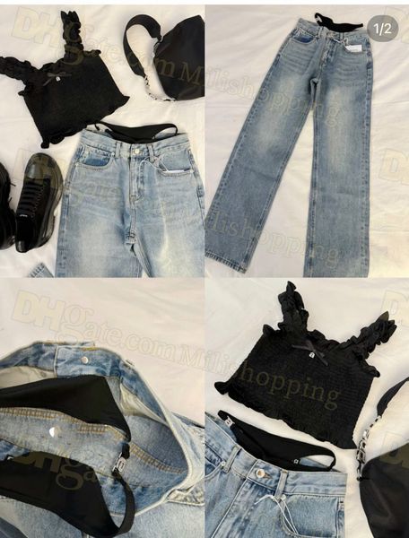 

womens wang tank bikini jeans designer wear short sleeve t shirt tight high waist wrap pants set casual shirt, White