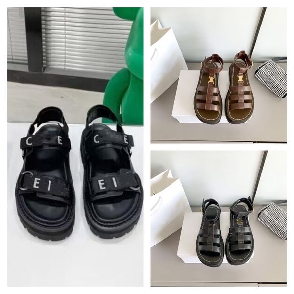

triomphe gladiator chunky sandals adjustable buckle ankle-strap platform sandal vegetal flats roman shoes luxury designers slides leather mu, Black