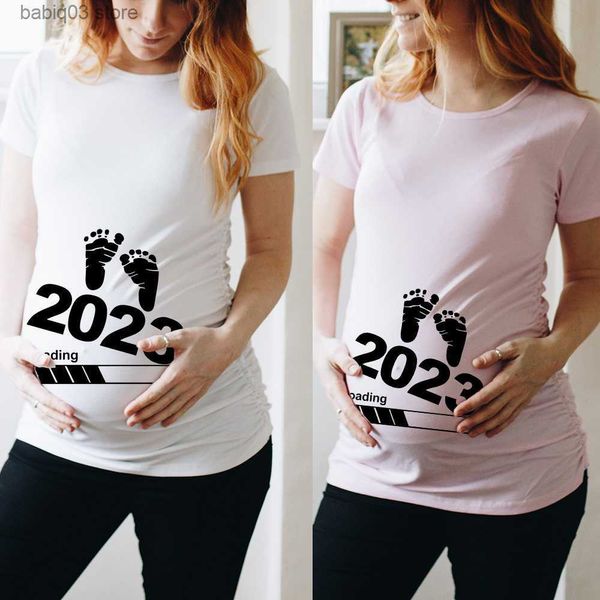 

maternity tees baby loading 2023 printed pregnant t shirt maternity short sleeve t-shirt pregnancy announcement shirt new mom tshirts cloth, White