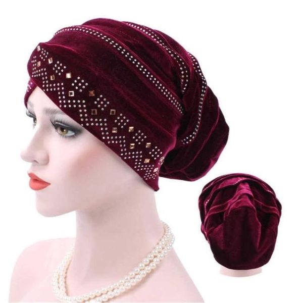 

gold velvet inner hijabs muslim turban caps for women with drill ethnic islamic wrap head turbante ready to wear hijab bonnet x0804902237, Blue;gray
