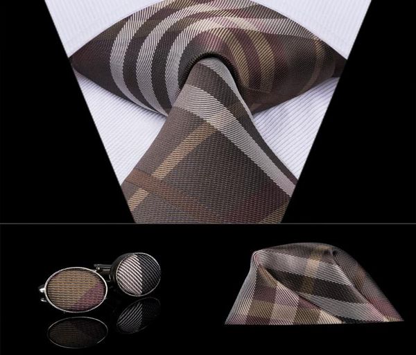 

hitie fashion brown white plaid gravata silk jacquard woven tie handkerchief cufflinks set for men wedding party groom n30143721392, Black;blue