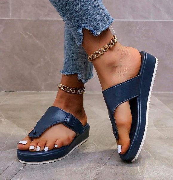 

summer women concise outdoor slippers adjustable buckle solid pu leather platform wedge heel beach flip flops ladies shoes7160821, Black