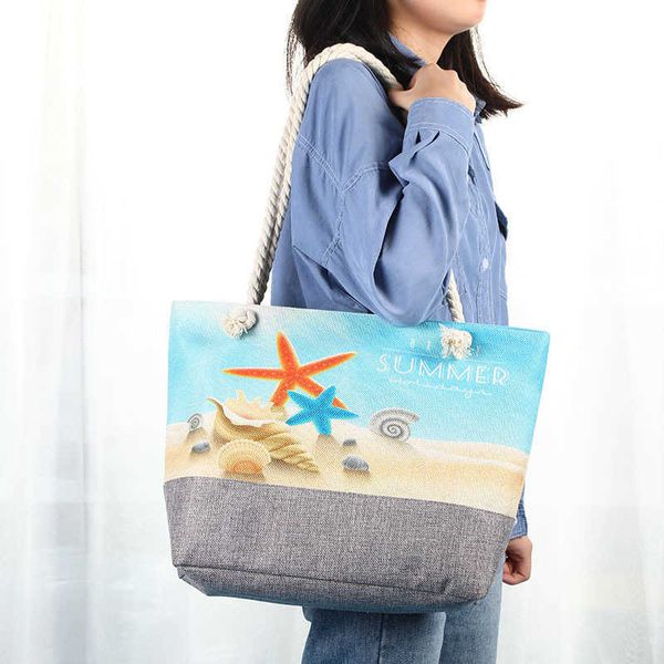 

designer bag fashion summer women large capacity canvas tote bags with zipper beach starfish conch handbag