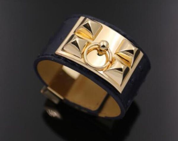 

bangle 1619 cm new street beat ostrich grain leather wide side rivet female couple bracelet, Black