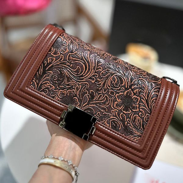 

women designer vintage carved boy flap bag black metal hardware adjustable leather strap flower pattern crossbody shoulder handbag real leat