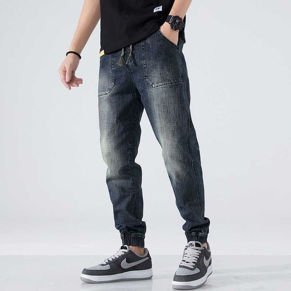 

osy men's spring/summer work jeans men's loose elastic waist tie leggings men's washed and polished white pants, Blue