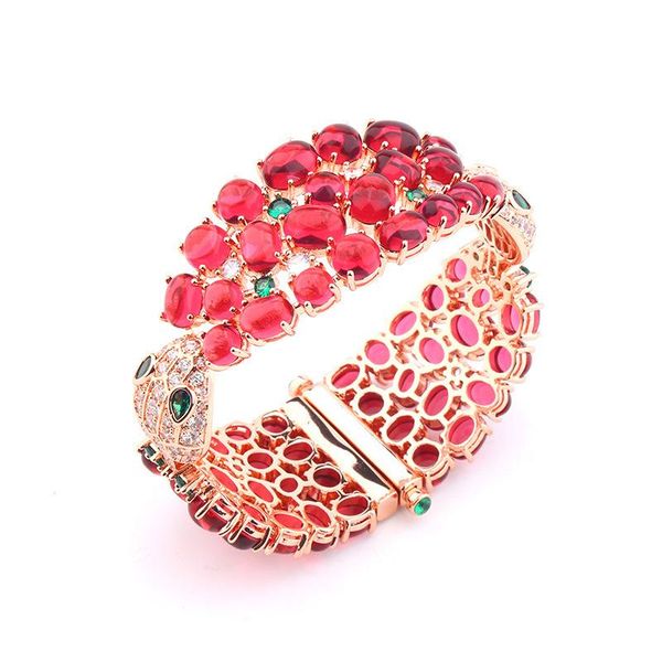 

bangle designer collection style women lady plated rose gold color inlay zircon red stone double snake head snakelike bangle bracelet, Black