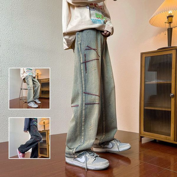 

men's jeans high street jeans men's spring autumn european and american atmosphere casual pants fashion loose straight leg wide le, Blue