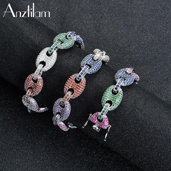 

necklaces az 12mm big rainbow coffee beans cuban link necklace iced out men hip hop jewelry copper aaa cz gold color chain necklace, Silver