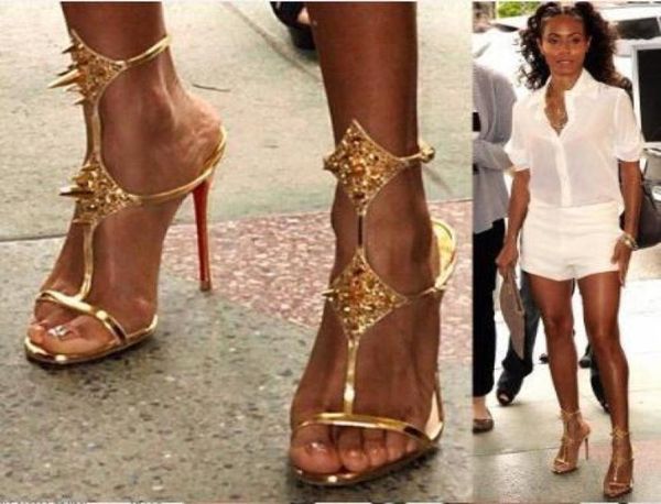 

2018 novelty sandal gold black thin heels sandal summer high heel shoes rivet dress sandal2316188