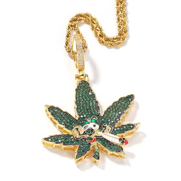 

necklaces hip hop green white cz stone paved bling ice out smoking marijuana leaf pendants necklaces for men rapper jewelry drop shipping, Silver
