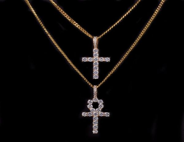 

iced zircon ankh cross necklace jewelry set gold silver copper material bling cz key to life egypt pendants necklaces2017249