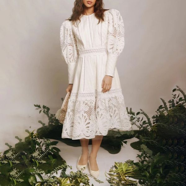 

2023 designer dress robe elegant elegant solid color fashion round neck lantern sleeve hollow out dress, Black;gray