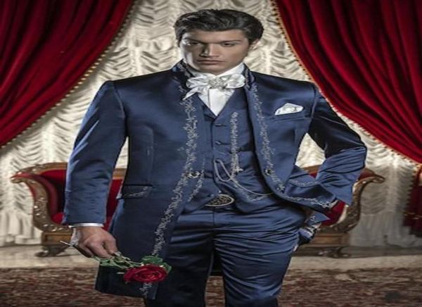 

new popular mandarin lapel embroidery groomsmen one button groom tuxedos men suits weddingprom man blazer jacketpantsves7074425, Black;gray