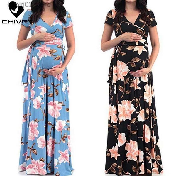 

maternity dresses chivry maternity dress women floral print short sleeve v-neck maxi long dress pregnant casual clothes summer maternity dre, White