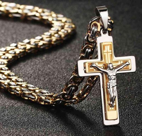 

heavy crucifix cross pendant necklace gold stainless steel male punk byzantine chain men necklaces jewelry gifts2385385, Silver