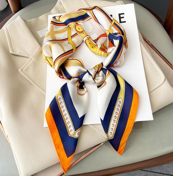 

4color luxury chain small square scarf 70*70cm plaid imitation silk scarf women's spring summer travel decoration chiffon ribbon scarf, Blue;gray