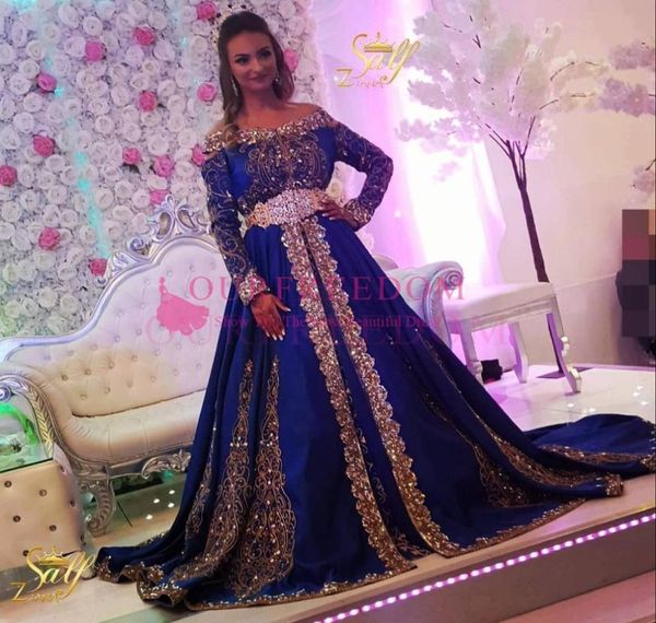 

2020 off the shoulder royal blue long sleeve dresses party evening wear pakistani arabic gold applique embroidery aline prom dres1352910, Black;red