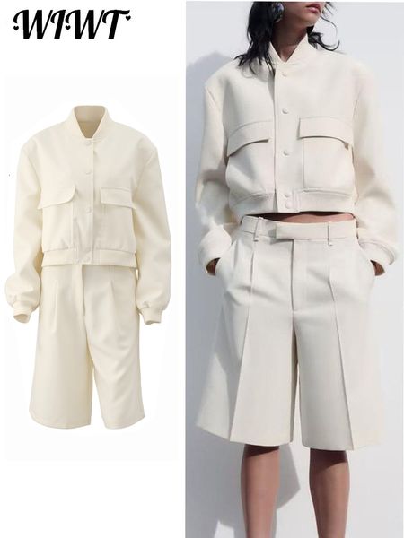 

women's two piece pants women pilot jacket shorts sets spring long sleeve pockets hidden breasted coats female zip pleated shorts stree, White