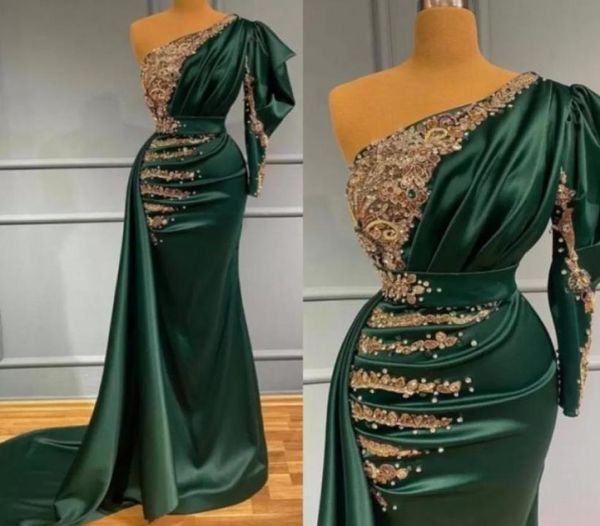 

2022 charming satin dark green mermaid prom evening dress with gold lace appliques pearls beads one shoulder pleats long formal oc2529828, Black