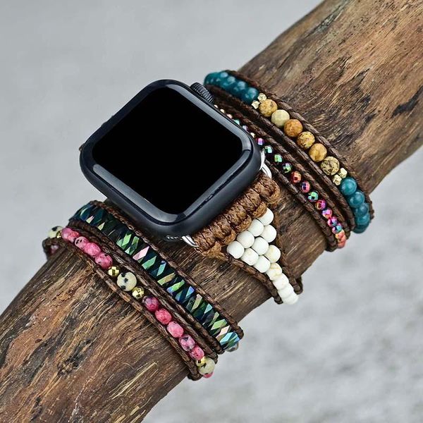 

bangle unique natural stones 5 strands wrap watch band handmade boho fashion apple strap wholesale, Black