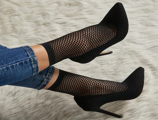 

dress shoes 11cm women pumps mesh stretch fabric sock boots thin heels pointed toe ankle woman party black6326927, Black