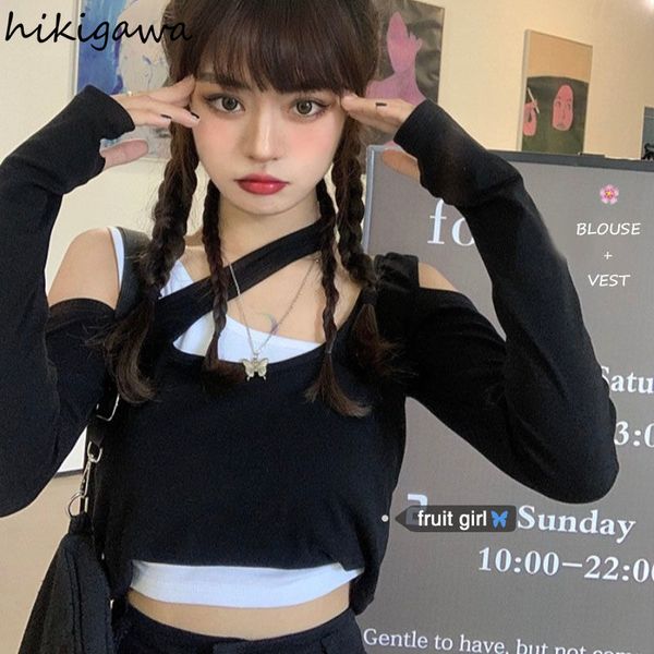 

women's t-shirt hikigawa shirts for women korean woman tshirts chic fake two long sleeve off shoulder tees harajuku black y2k t-shirt, White