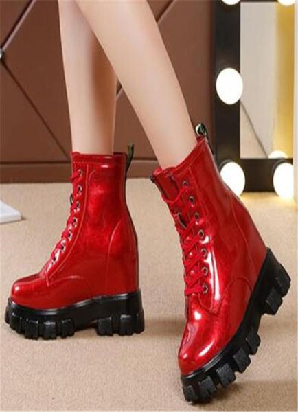 

pu leather women platform sneakes casual lace up ankle boot for woman high heels 8cm wedges shoes women winter ankle boots 34401077794, Black