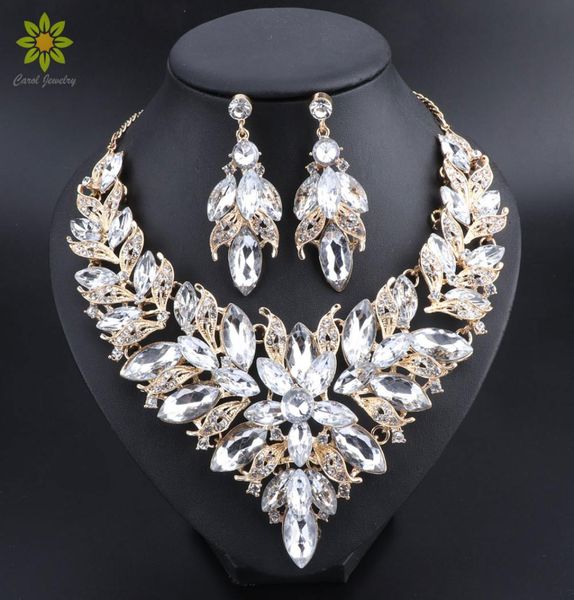 

luxury flower indian bridal jewelry sets wedding costume gold plated necklace earrings set crystal set jewellery for brides women4602005, Slivery;golden