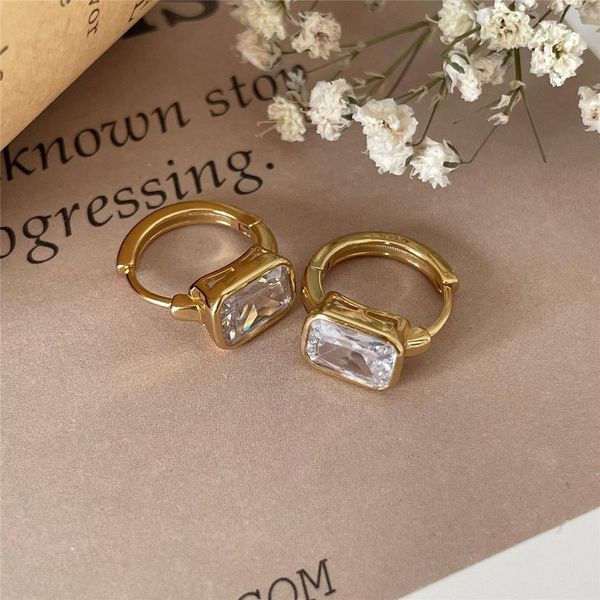 

huggie lispector 925 sterling silver rectangular shiny zircon hoop earrings for women korean geometric circle ear jewelry female gifts, Golden;silver