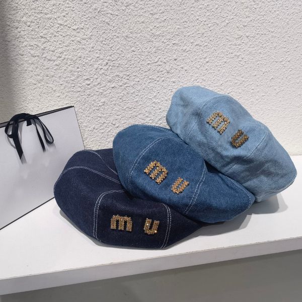 

water diamond miu beret female designer beanie hat xia da wai bud hat octagonal painter hat, Blue;gray