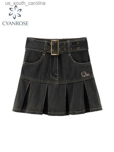 

skirts spring women's high waist denim mini pleated skirt harajuku streetwear vintage loose casual ladies y2k a-line short skirts l2305, Black