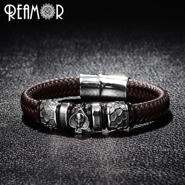 

bangle reamor punk style bangle 316l stainless steel spades skull head charms trendy male bracelet black wide braided leather bracelets
