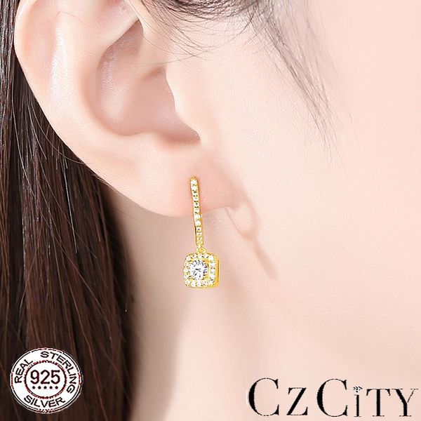 

huggie czcity new fashion cz hoop earrings for women wedding engagement fine jewelry 925 sterling silver square pendant pendientes gift, Golden;silver