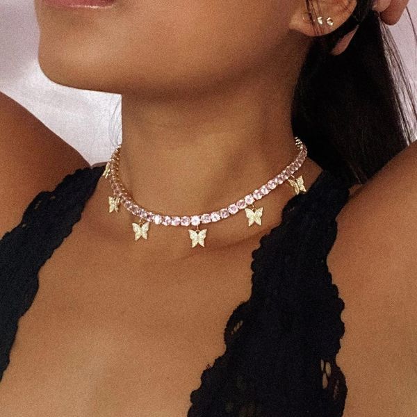 

necklaces gold color iced out bling hip hop women charm jewelry geometry heart arrow cz tennis chain with cz butterfly choker necklaces, Silver