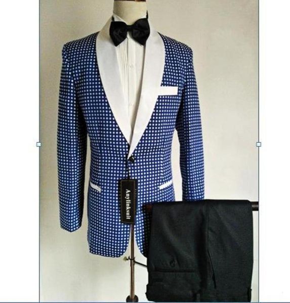 

new stylish design groom tuxedos one button blue dot shawl lapel groomsmen man suit mens wedding suits jacketpantstie 9563640057, Black;gray