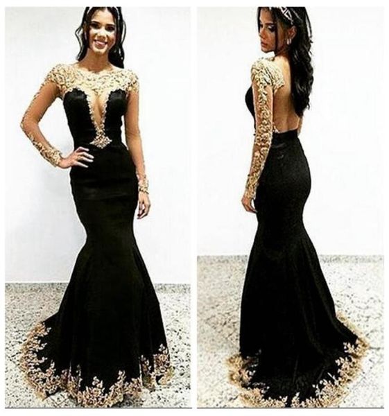 

sheer long sleeves black mermaid prom dresses with gold lace appliques formal long vestidos de festa custom backless evening 6207282