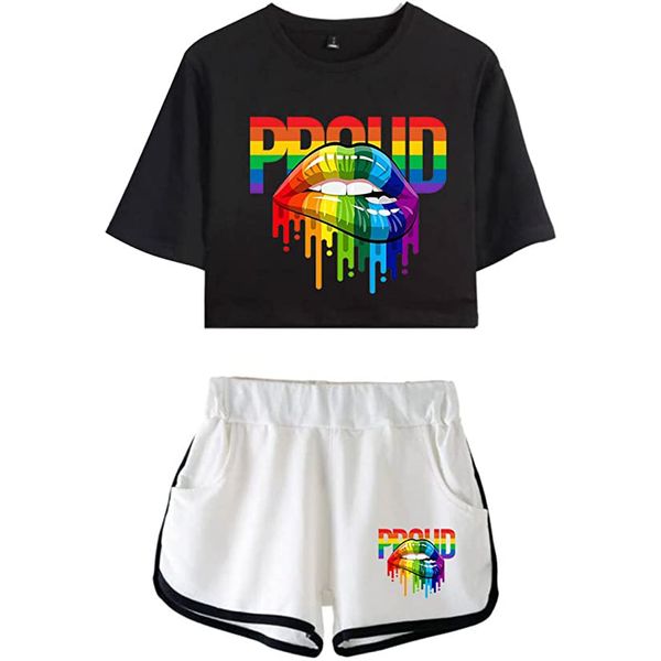 

rainbow lesbian couple funny cropped women tshirt summer casual tracksuit shorts sleeve t shirts and classic sport shorts, Gray