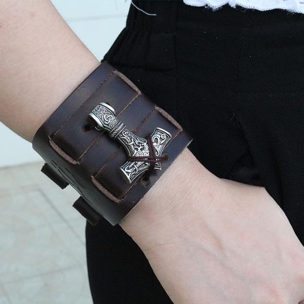 

bangle 10pcs leather cuff viking men leather wrist cuff with mjolnir hammer warg leather viking wolf paw bracelet cuff bangle, Black