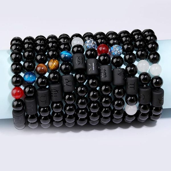 

bangle 12 constellation zodiac signs beads couples bracelet natural black onyx stone elastic charm bracelet for women men birthday gift