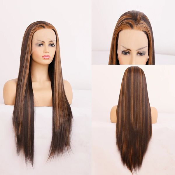 

highlight straight lace front wig with baby hair brown blonde synthetic hair lace wigs for black women heat resistant