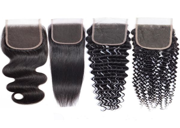 

4x4 lace closure 100 virgin human hair body wave straight deep kinky curly yaki water weave hair9813528, Black;brown
