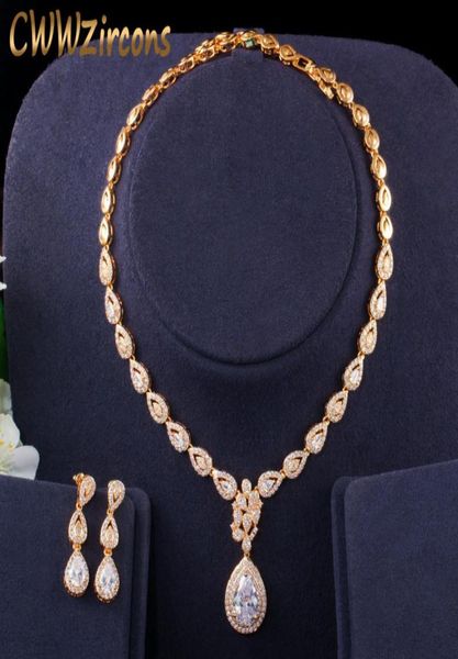 

cwwzircons gorgeous water drop cubic zirconia 585 gold women party wedding necklace and earrings luxury bride jewelry set t405 cx28327313, Slivery;golden