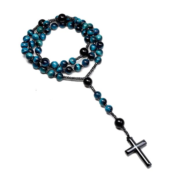 

necklaces natural light blue tiger eye onyx catholic christ rosary necklaces bead long for men hematite cross pendant necklace meditation, Silver