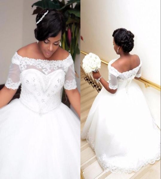 

african plus size white ivory ball gown wedding dresses with short sleeves laceup boat neck beaded crystals wedding gowns9937100