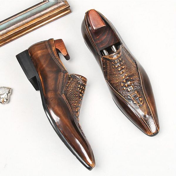 

crocodile leather mens dress shoes fashion slip on handmade male oxfords brogue shoe big size 38-45, Black