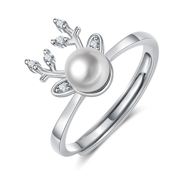 

cute elk adjustable rings pave aaa cubic zirconia, 6mm pearl women fashion ring jewelry gift, Golden;silver