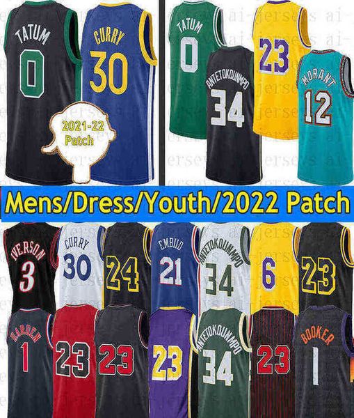 

basketball jerseys 0 tatum 1 harden 21 embiid 30 curry 34 antetokounmpo 12 morant 3 iverson 1 booker stitched youth kids size s, Black;red