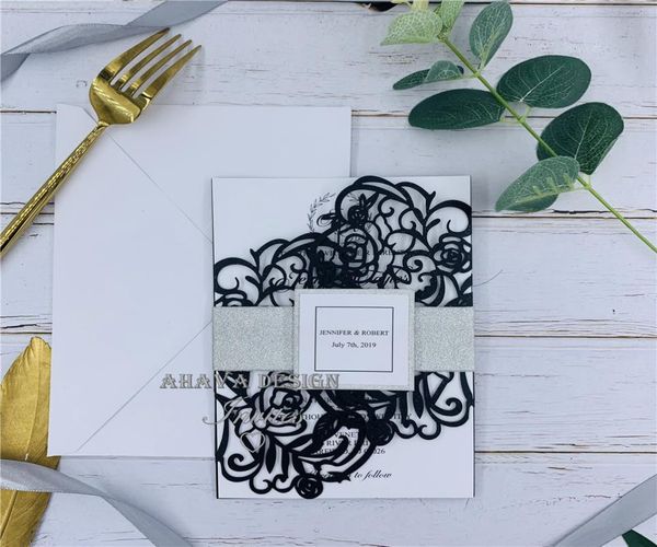 

unique black bloom laser cut wedding invitations with glitter silver belly band lace wedding invites design2699565