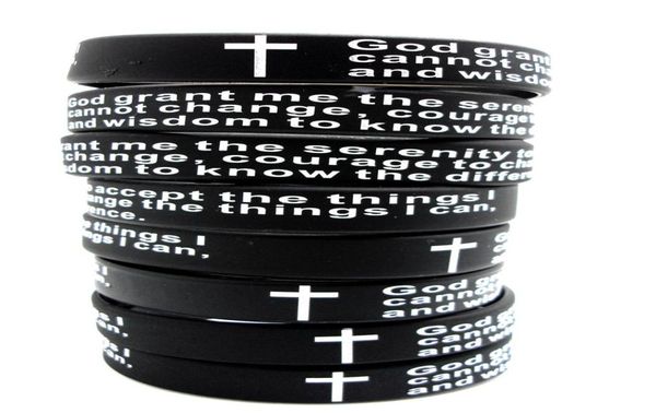 

100pcs inspirational english serenity prayer silicone bracelets christian men cross fashion wristbands whole god serenity jewe5894148, Golden;silver